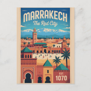 Postal Arte de cartel de viaje retro de Marrakech Marruec