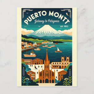 Postal Arte de cartel de viaje retro de Puerto Montt Chil