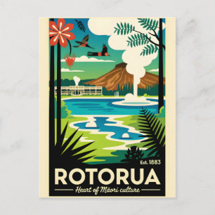 Postal Arte de cartel de viaje retro de Rotorua Nueva Zel
