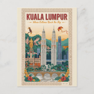 Postal Arte de cartel retro de viaje a Kuala Lumpur Malas