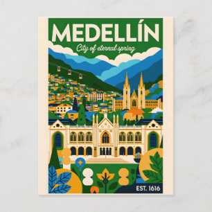 Postal Arte de cartel retro de viaje a Medellín Colombia