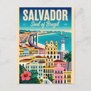 Postal Arte de cartel retro de viaje a Salvador Brasil