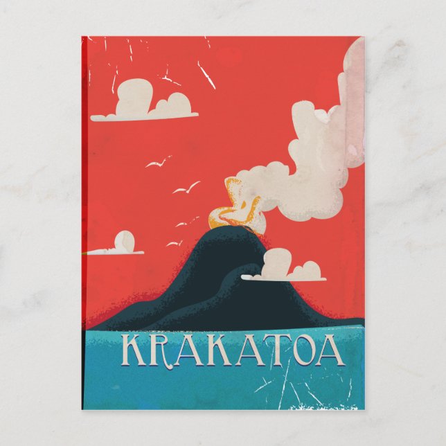 Postal Arte de cartel vintage de vacaciones de Krakatoa (Anverso)