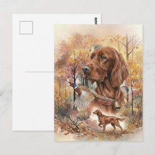 Postal Arte de caza de Setter Irlandés y faisán de otoño