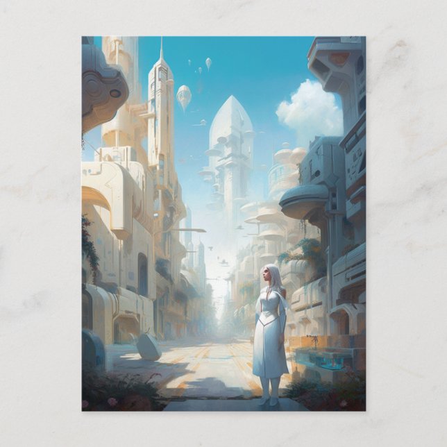 Postal Arte de ciencia ficción de ciudad futurista (Anverso)