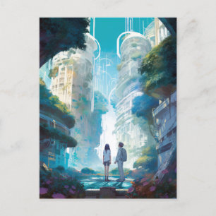 Postal Arte de ciencia ficción de ciudad futurista
