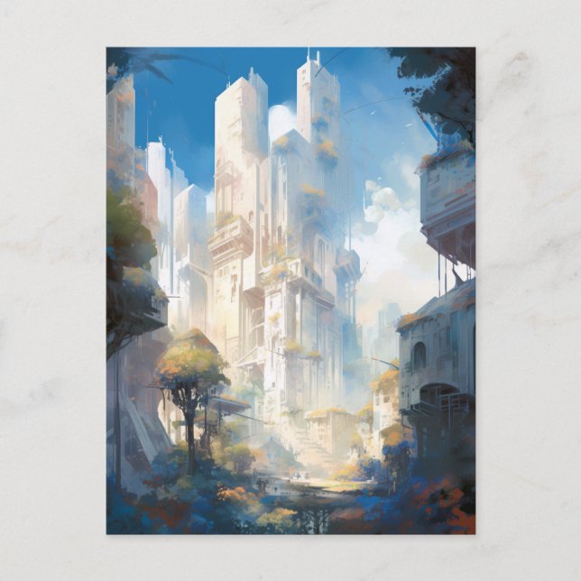 Postal Arte de ciencia ficción de ciudad futurista (Anverso)
