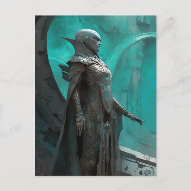 Postal Arte de ciencia ficción de guerrera futurista (Anverso)