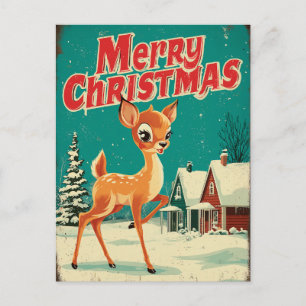 Postal Arte de ciervo vintage de Navidad alegre