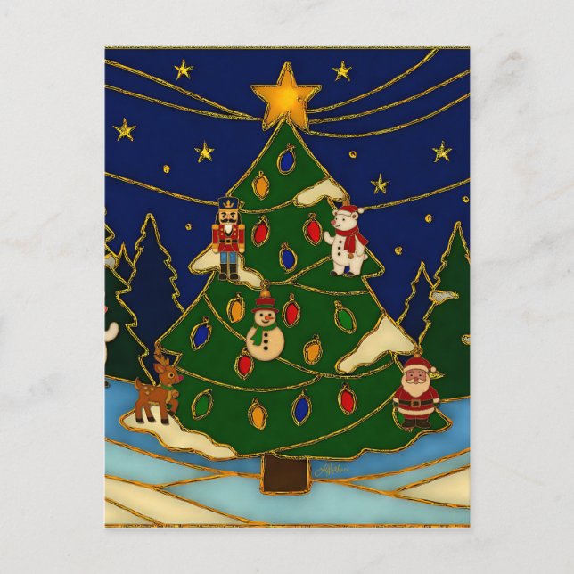 Postal Arte de cloisonné Bosque Caprichoso Navidad Clásic (Anverso)
