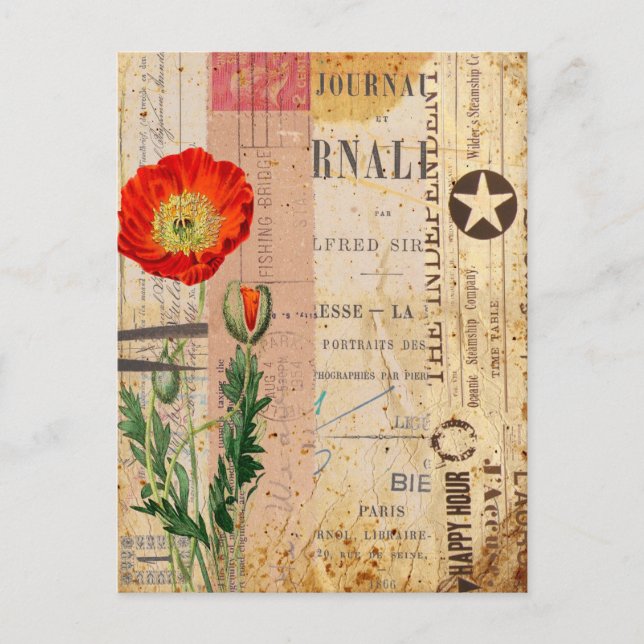 Postal Arte de collage con flores de amapola de la época  (Anverso)