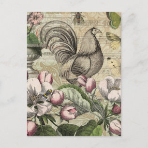 Postal Arte de Collage de Jardín de Gallo Antiguo: Campo