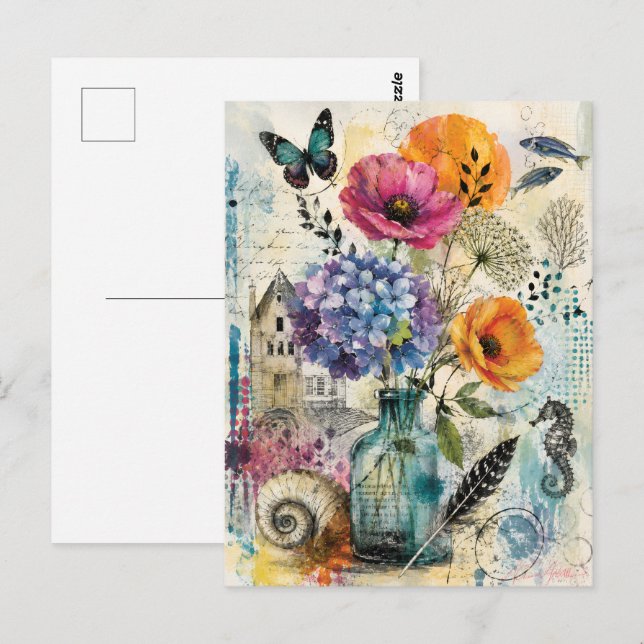 Postal Arte de collage de medios mixtos botánicos vibrant (Anverso / Reverso)