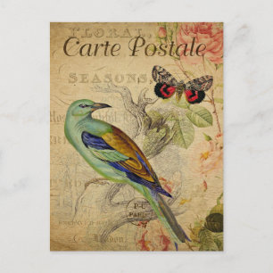 Postal Arte de collage de pájaros con flores de la época 