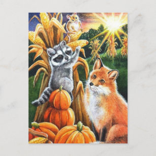 Postal Arte de color de agua rojo Fox Raccoon de la cosec