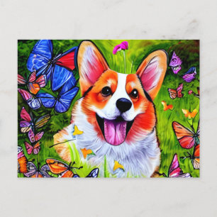 Postal Arte de corgi y mariposa