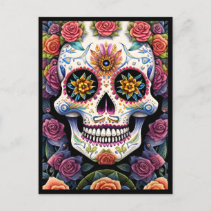 Postal Arte de Cráneo de Azúcar - Calavera floral Dia de