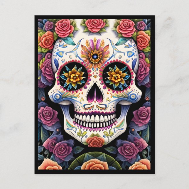 Postal Arte de Cráneo de Azúcar - Calavera floral Dia de  (Anverso)