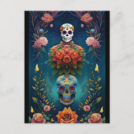 Postal Arte de Cráneo de Azúcar - Día de los Muertos Trad