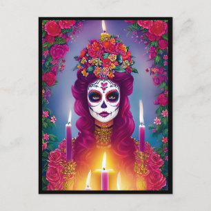 Postal Arte de Cráneo de Azúcar - Mujer hermosa en Altar