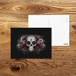 Postal Arte de cráneo floral rojo del Día de los Muertos