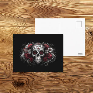 Postal Arte de cráneo floral rojo del Día de los Muertos