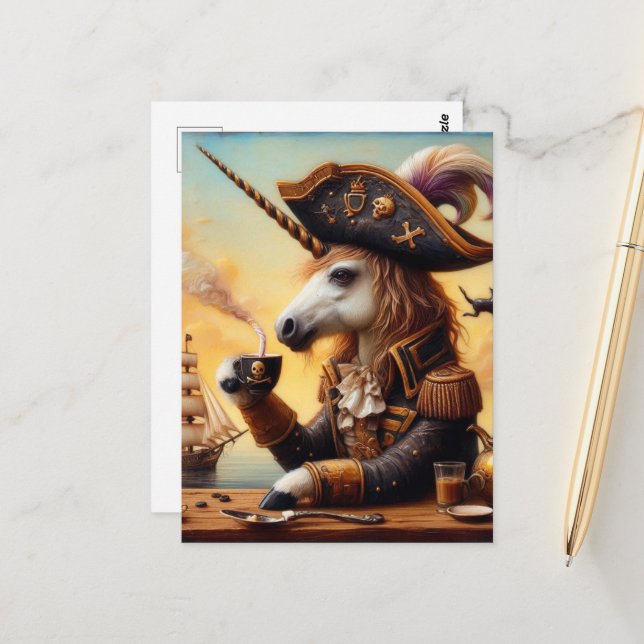 Postal arte de encausto de unicornio pirata con un café (Anverso/Reverso In Situ)
