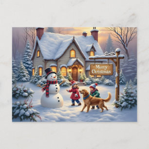 Postal Arte de escena de nieve navideña acogedora