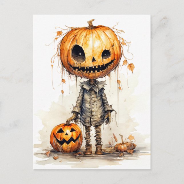 Postal Arte de espantapájaros de calabaza feliz Halloween (Anverso)
