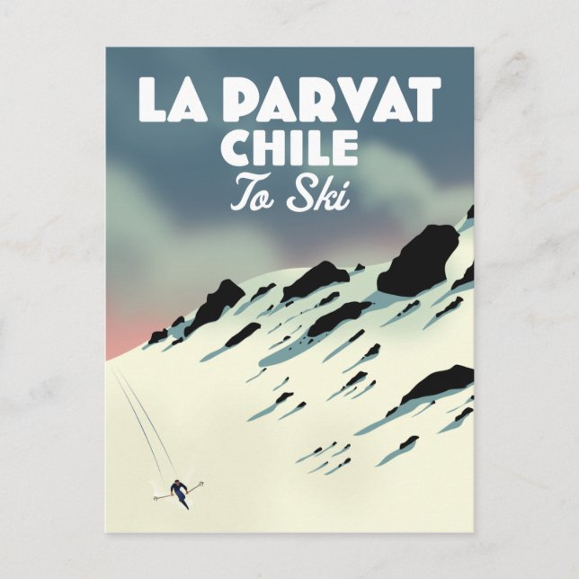 Postal Arte de esquí retro de La Parvat Chile. (Anverso)