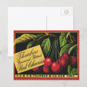 Postal Arte de etiqueta de caja de frutas vintage, cereza