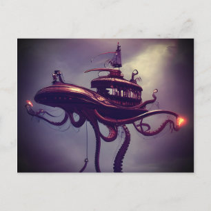 Postal Arte de fantasía de barco pulpo Steampunk  