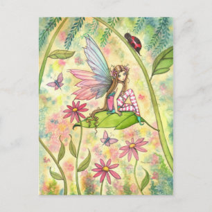 Postal Arte de fantasía de hada de flor linda y mariquita