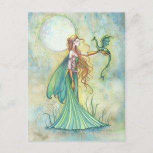 Postal Arte de fantasía de Hada Verde y Dragón