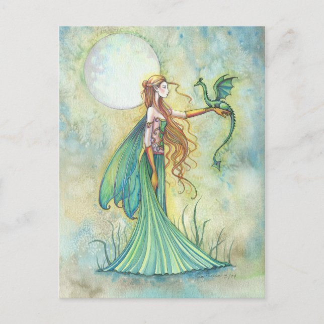 Postal Arte de fantasía de Hada Verde y Dragón (Anverso)
