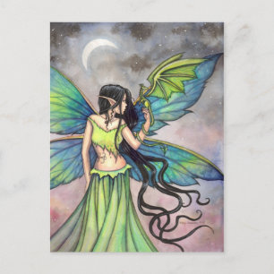 Postal Arte de fantasía de Hada Verde y Dragón