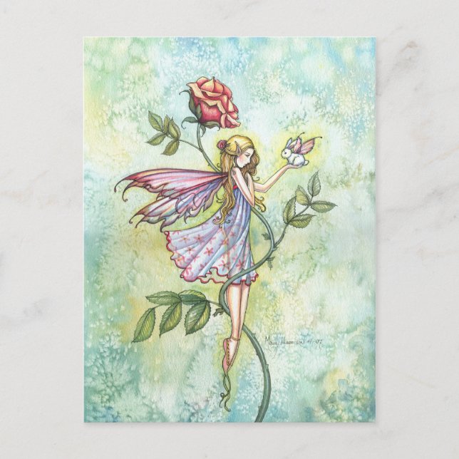 Postal Arte de fantasía de Hada y Conejito con Alas Peque (Anverso)