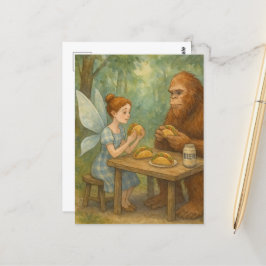 Postal Arte de fantasía de hada y Sasquatch comiendo taco