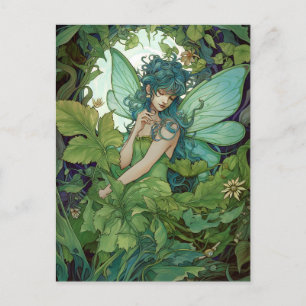 Postal Arte de fantasía de hadas de madera verde