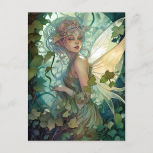 Postal Arte de fantasía de hadas de madera verde