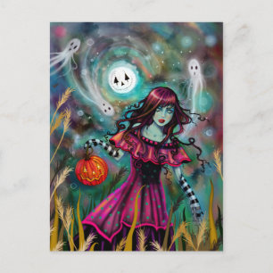 Postal Arte de fantasía de Halloween de Luna Sonriente po