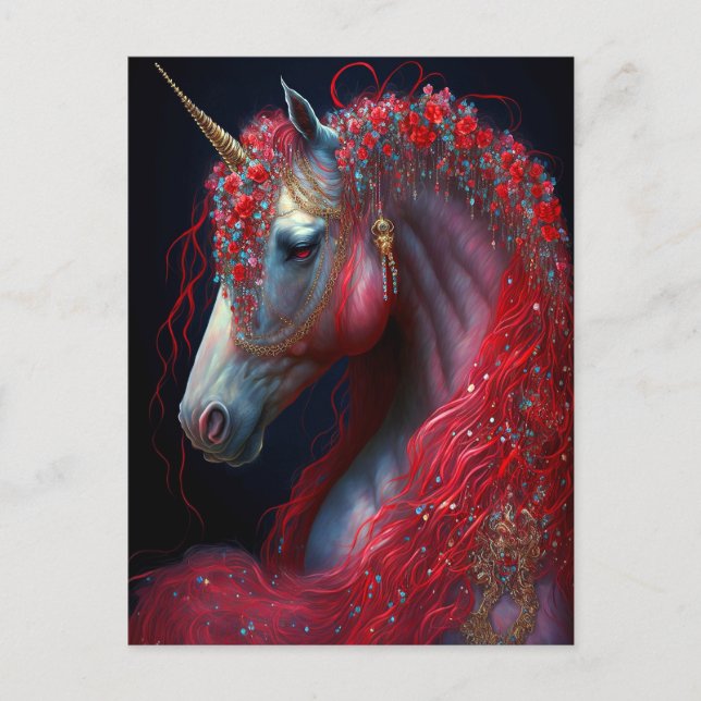Postal Arte de fantasía de Unicornio con joyas rojas (Anverso)