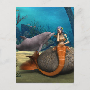 Postal Arte de Fantasía Subacuática de Sirena Delfín Soña