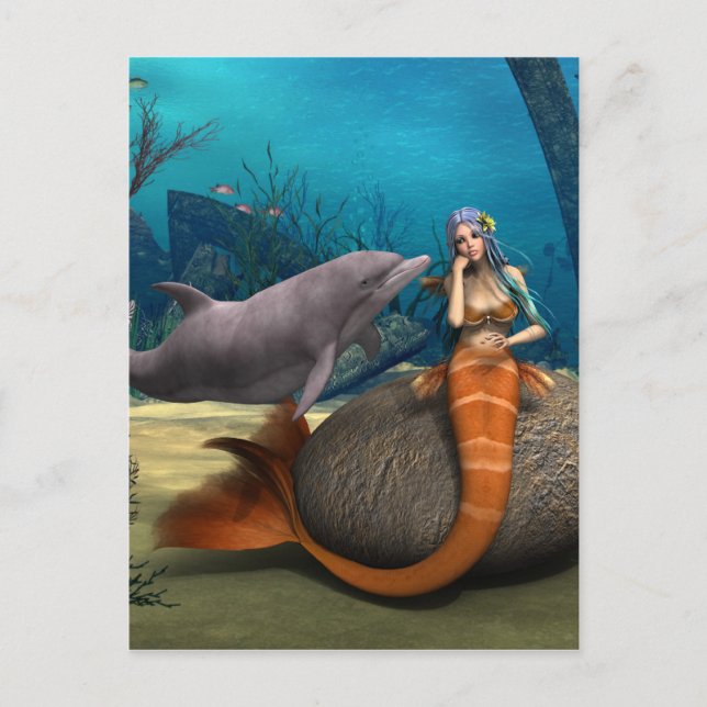 Postal Arte de Fantasía Subacuática de Sirena Delfín Soña (Anverso)