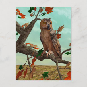Postal Arte de fauna del arce de búho de otoño