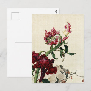Postal Arte de Flor de Cresta de Gallo Roja Chinoiserie V