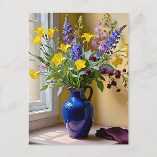 Postal Arte de flores azules amarillas y púrpuras