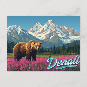 Postal Arte de flores silvestres del oso grizzly de Denal