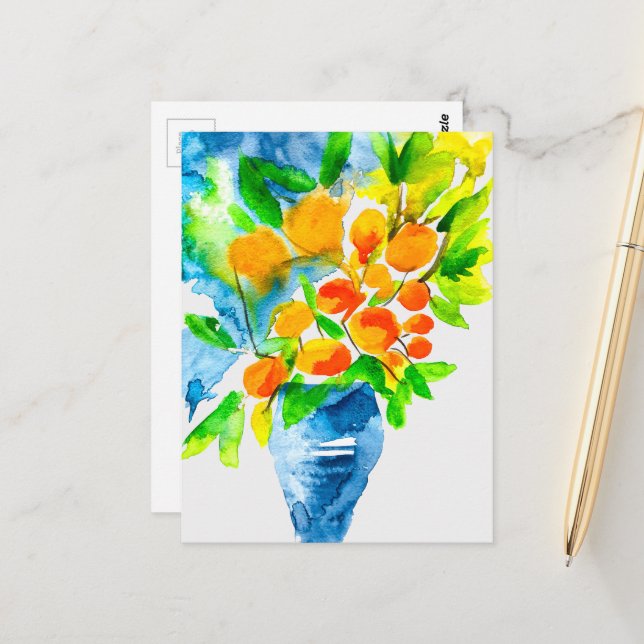 Postal Arte de fruta de kumquat naranja acuarela (Anverso/Reverso In Situ)