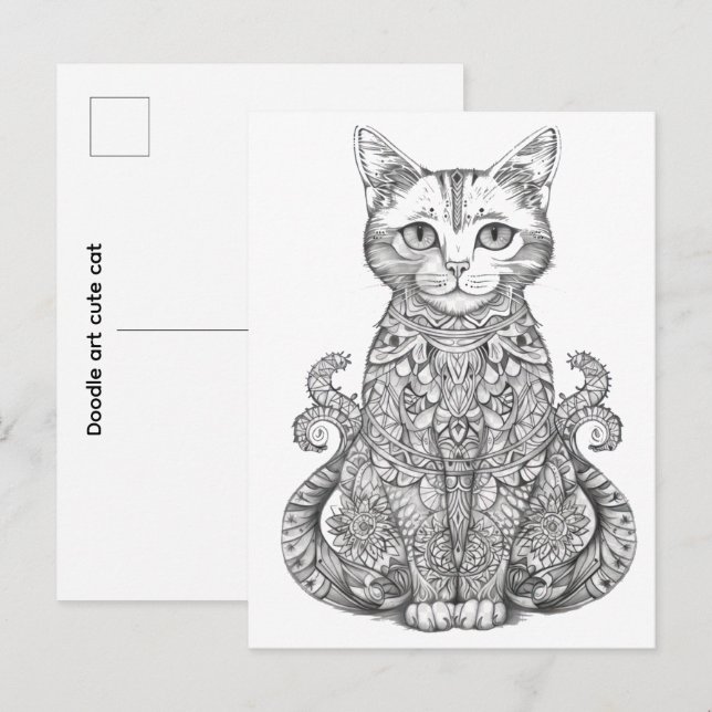 Postal Arte de garabato gato lindo (Anverso / Reverso)